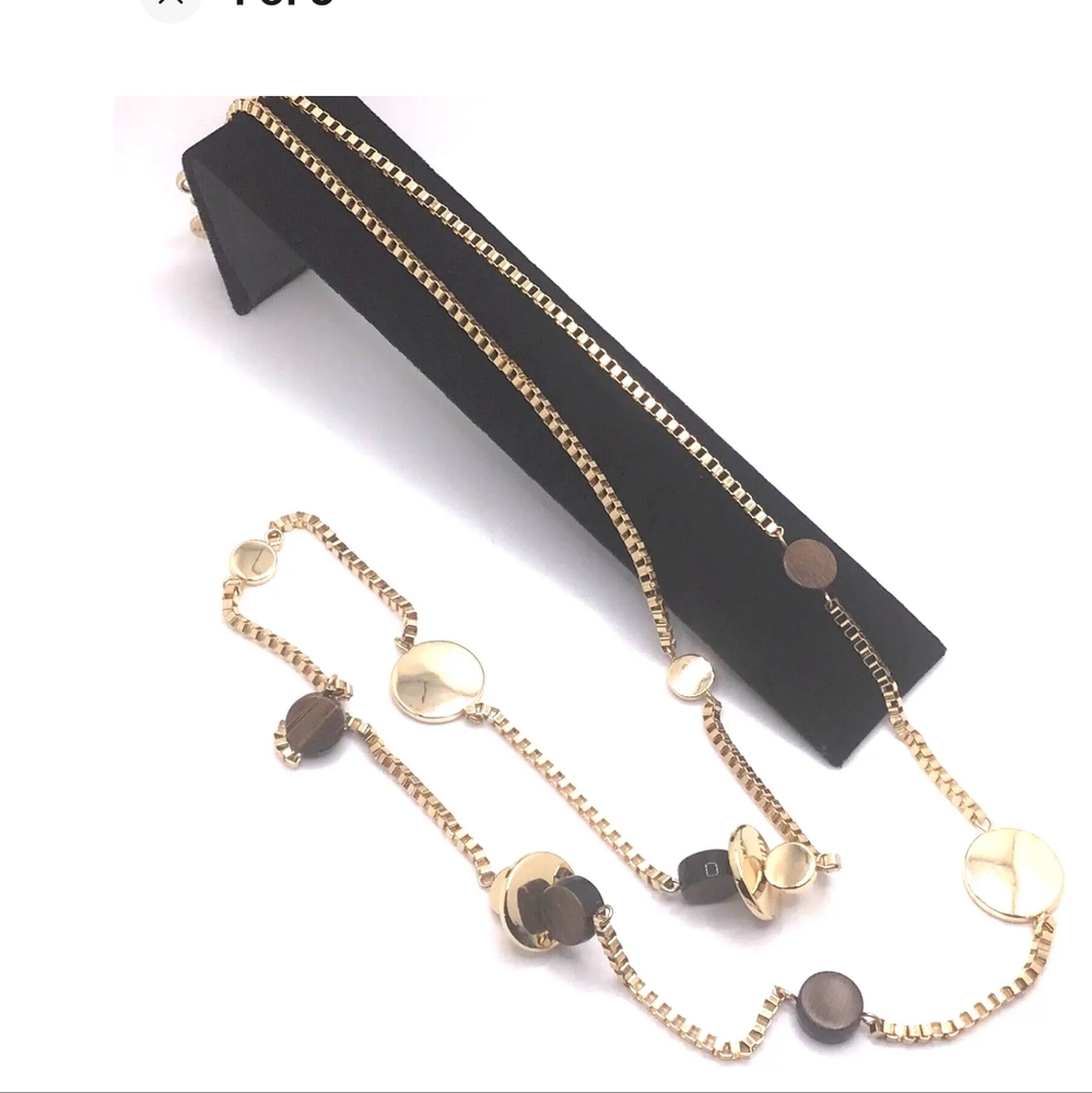 Alfani Long gold tone round Wood and gold Disc Necklace